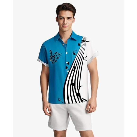 ❤️Men Blue Print Short Sleeve Regular Hawaiian Casual  Button Down Beach Shirts - Picture 2 of 8